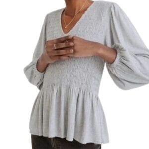 Madewell Lucie V-Neck Smocked Peplum Gray Top Wool Gauze Size XXS Soft & Cozy